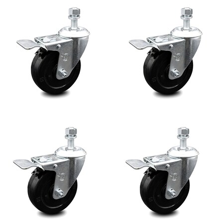 Service Caster 4 Inch Soft Rubber Wheel Swivel 12mm Stem Caster Set with Total Lock Brake SCC-TSTTL20S414-SRS-M1215-4